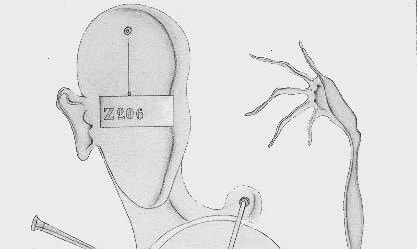 Image: Angelika Hoerle, "Head with Sign, Hand, Wheel, and Auto Horn", 1922.